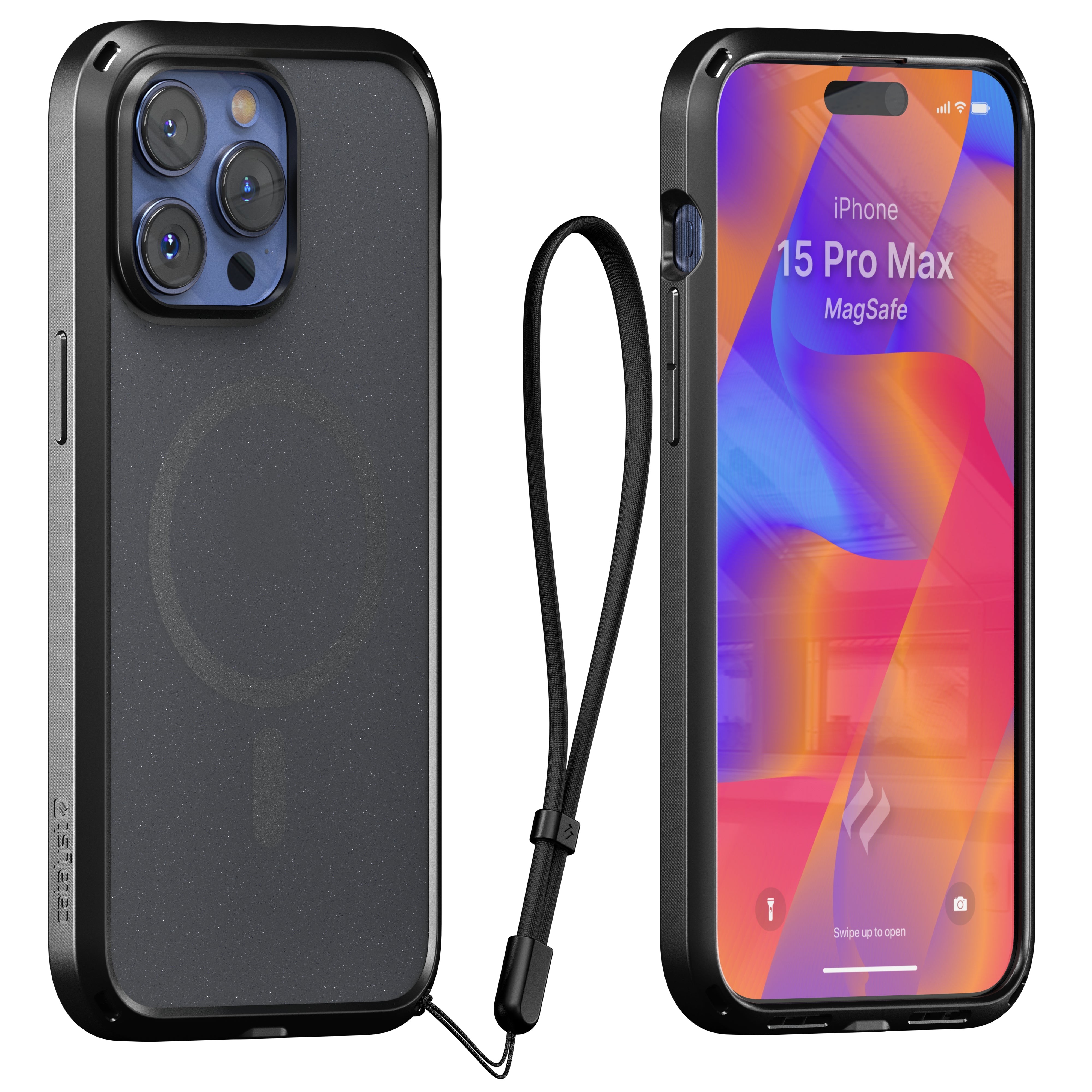 catalyst iphone 15 series influence case magsafe compatible stealth black for iphone 15 pro max front and back view with a lanyard