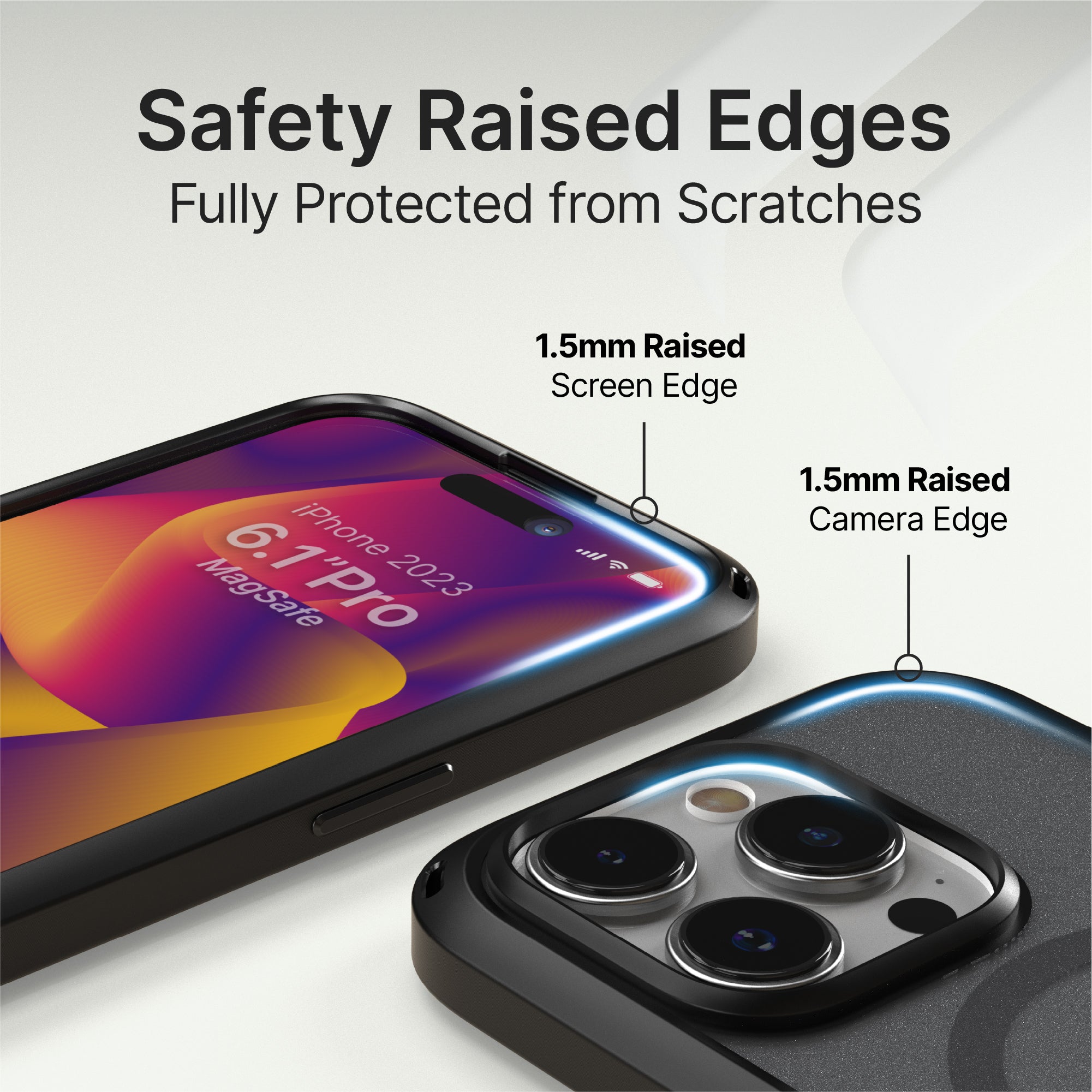 catalyst iphone 15 series influence case magsafe compatible stealth black for iphone 15 pro max showing the safety raised edges for camera and screen text reads safety raised edges fully protected from scratches 1.5mm raised screen edge 1.5mm raised camera edge