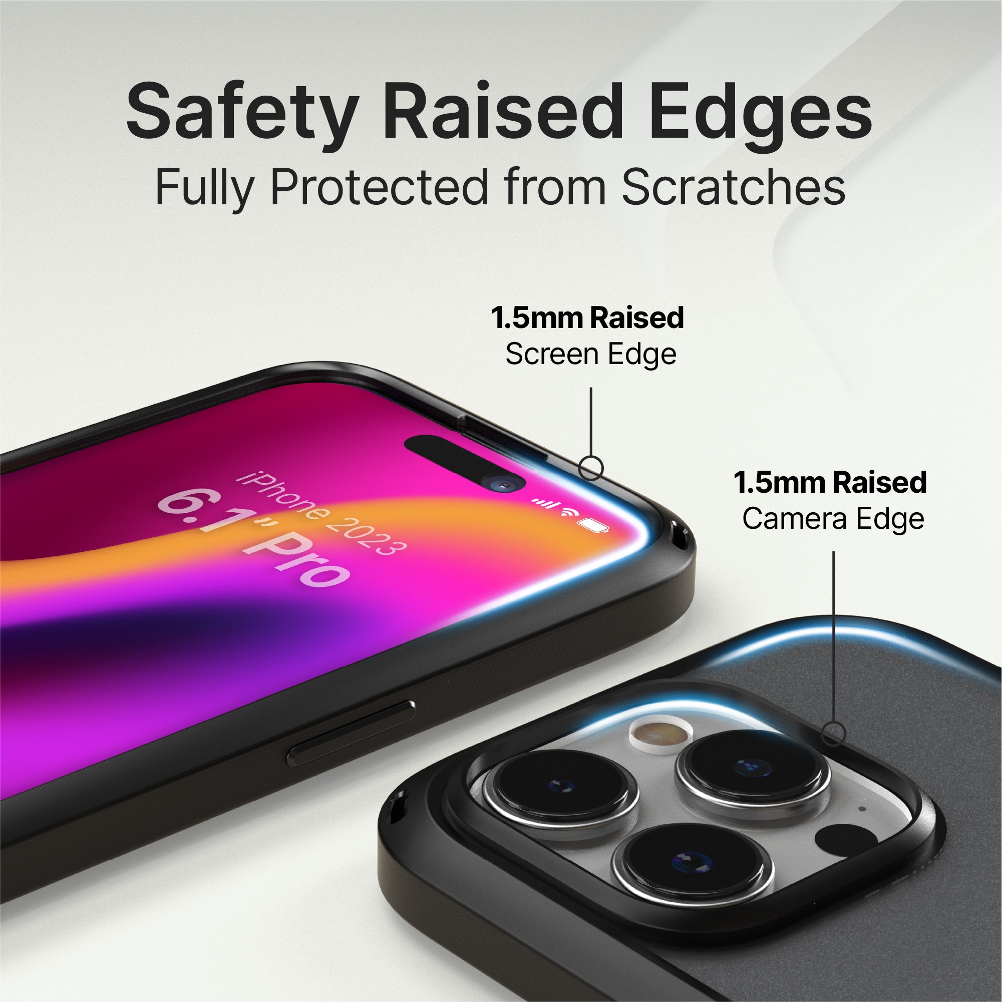 catalyst iphone 15 series influence case magsafe compatible stealth black for iphone 15 pro showing the safety raised edges for camera and screen text reads safety raised edges fully protected from scratches 1.5mm raised screen edge 1.5mm raised camera edge