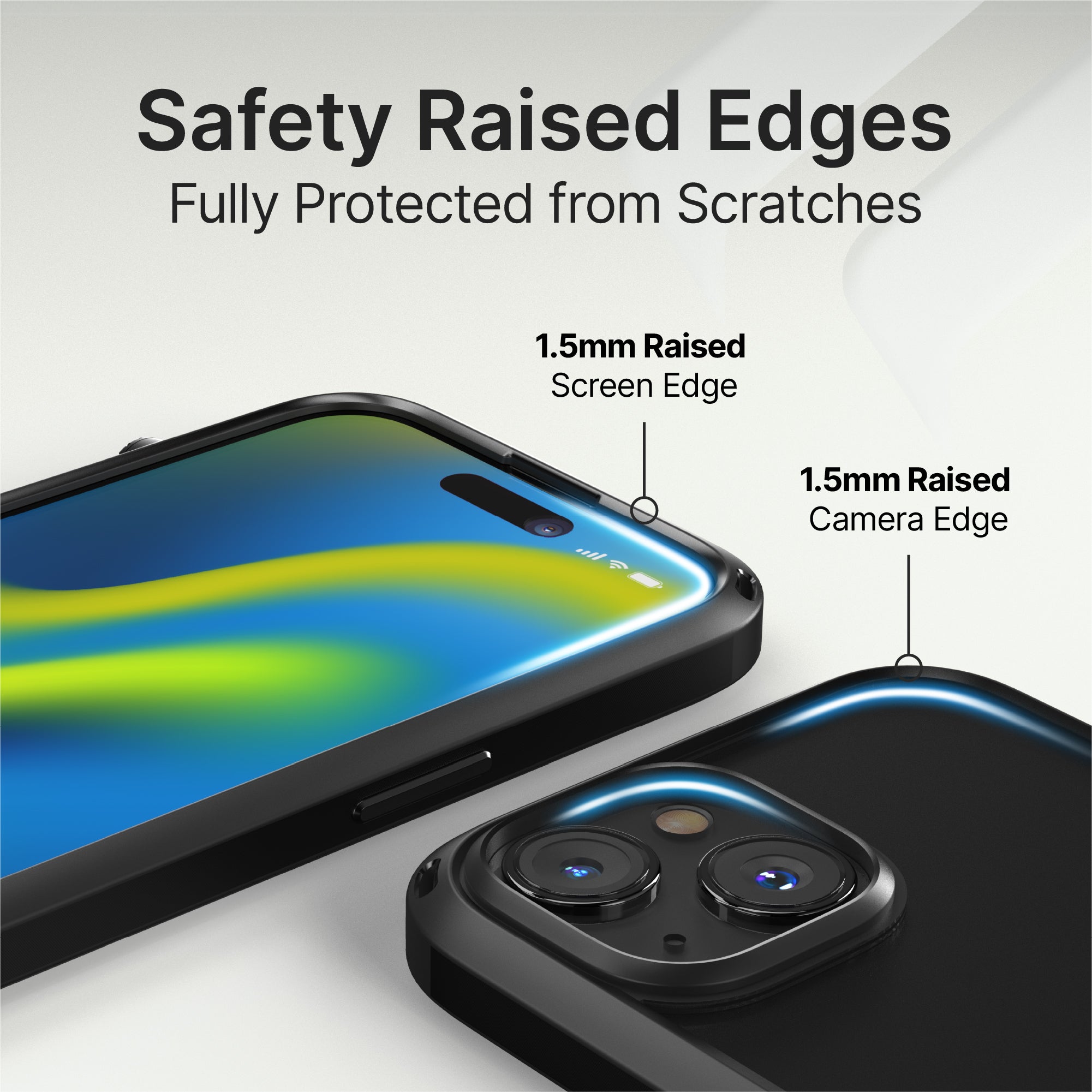 catalyst iphone 15 series influence case magsafe compatible stealth black for iphone 15 showing the safety raised edges for camera and screen text reads safety raised edges fully protected from scratches 1.5mm raised screen edge 1.5mm raised camera edge
