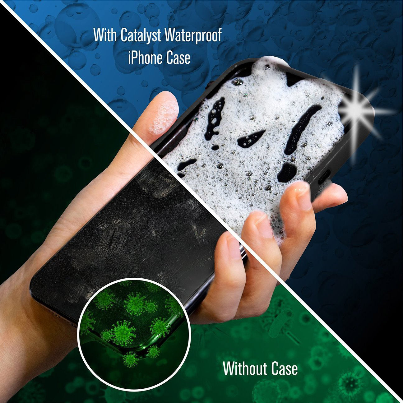 Catalyst iphone 6s waterproof case showing the back case with and without the catalyst case in green pop colorway