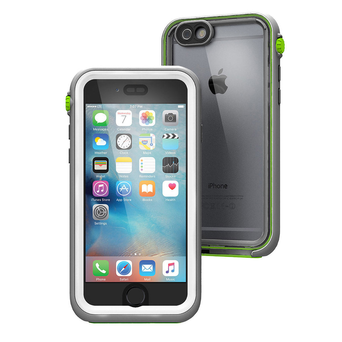 Catalyst iphone 6s waterproof case showing front and back view of the case in green pop colorway