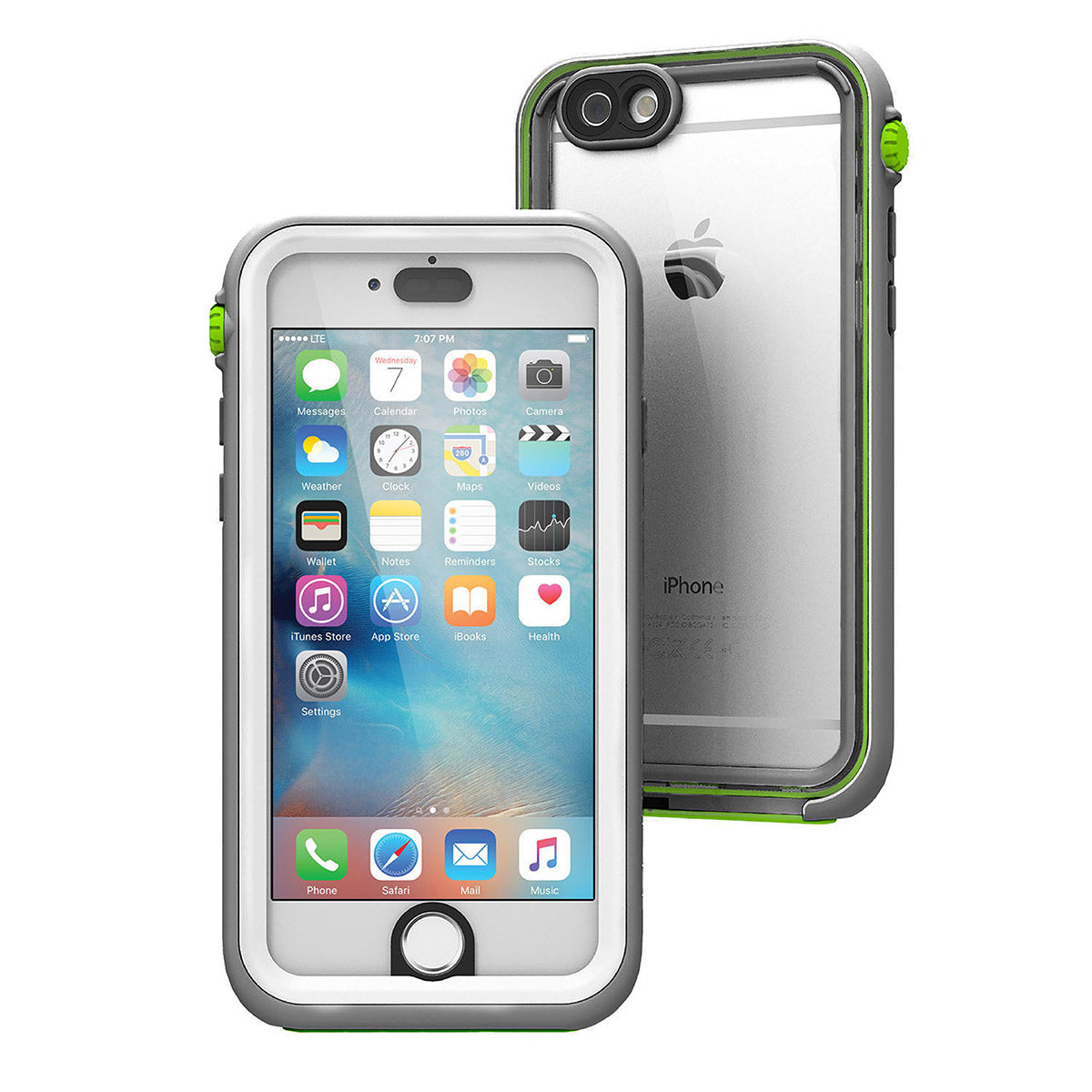 Catalyst iphone 6s waterproof case showing front and back view of the case in green pop colorway