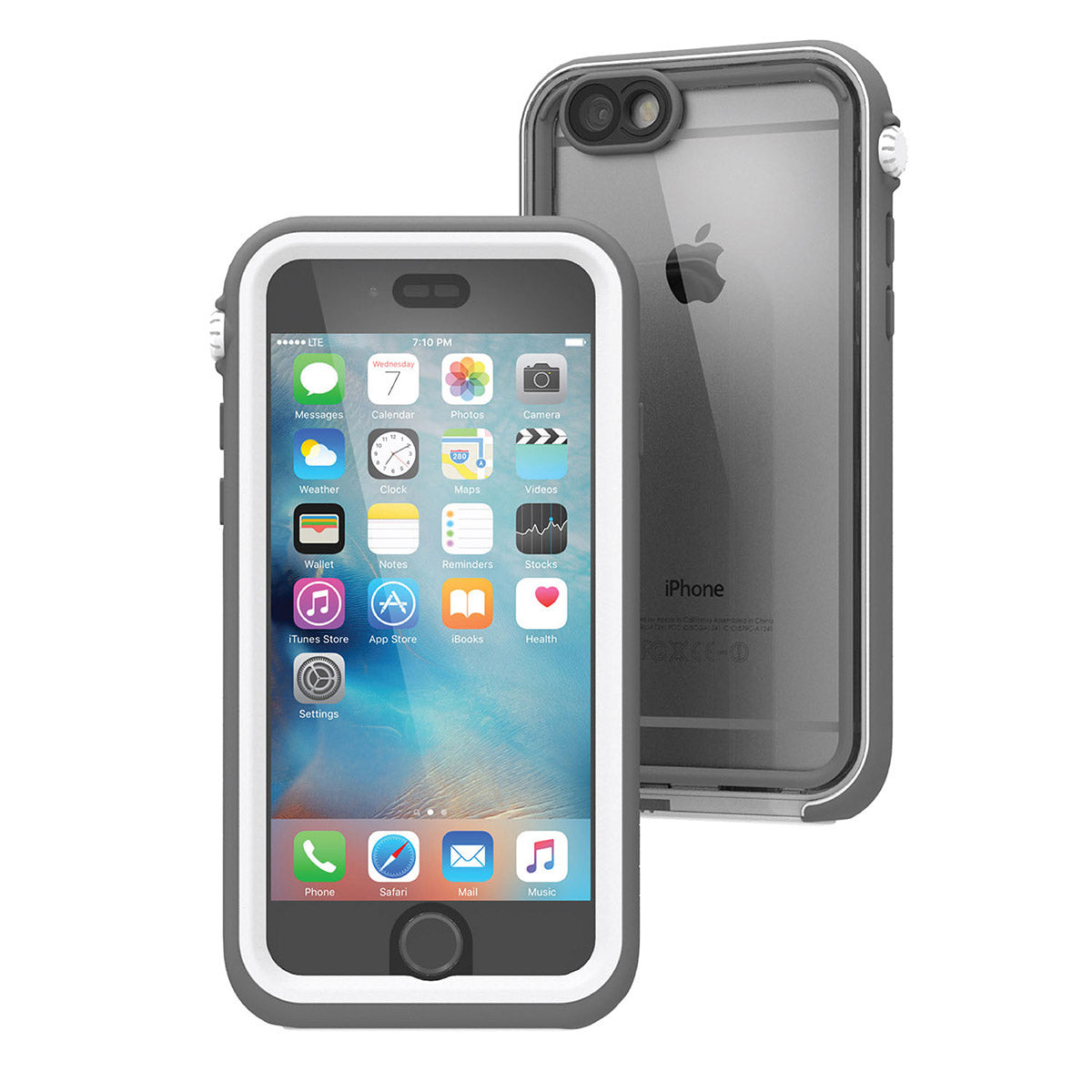 Catalyst iphone 6s waterproof case showing front and back view of the case in white & mist gray colorway