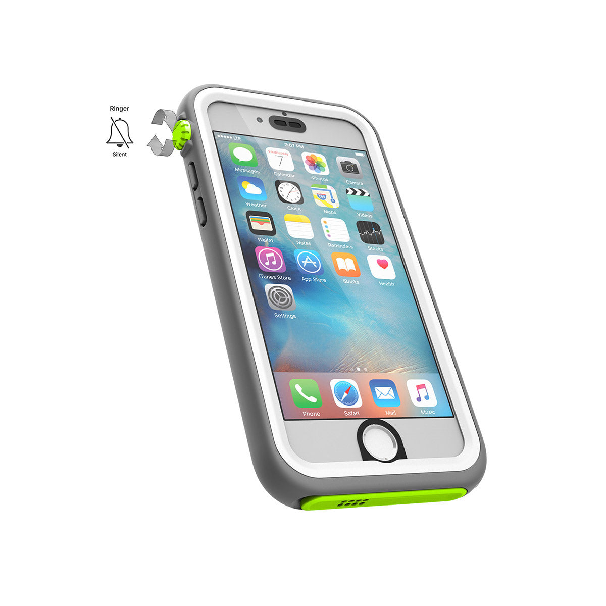 Catalyst iphone 6s waterproof case showing the case mute toggle button in green pop colorway text reads ringer silent