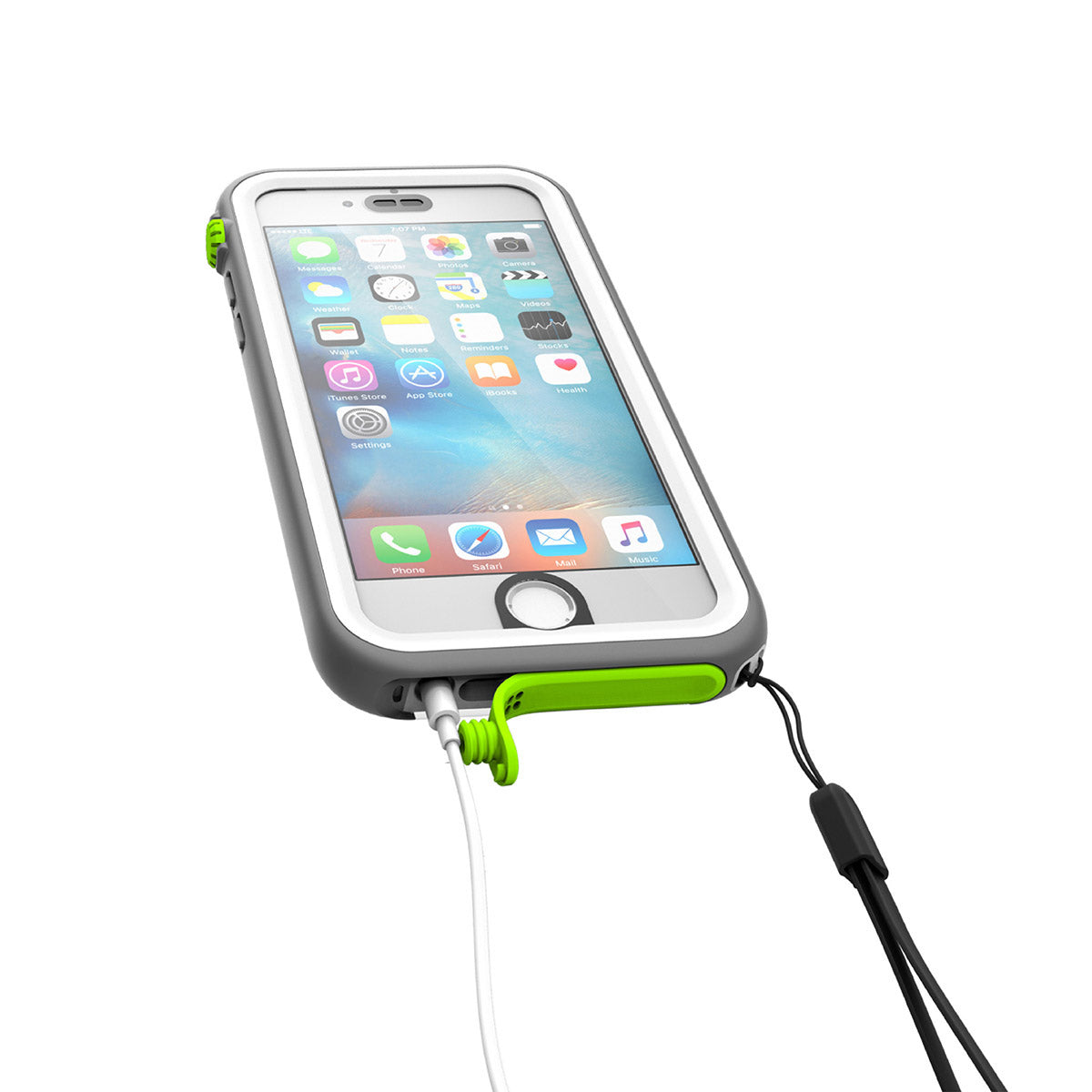 Catalyst iphone 6s waterproof case showing the case while charging in green pop colorway