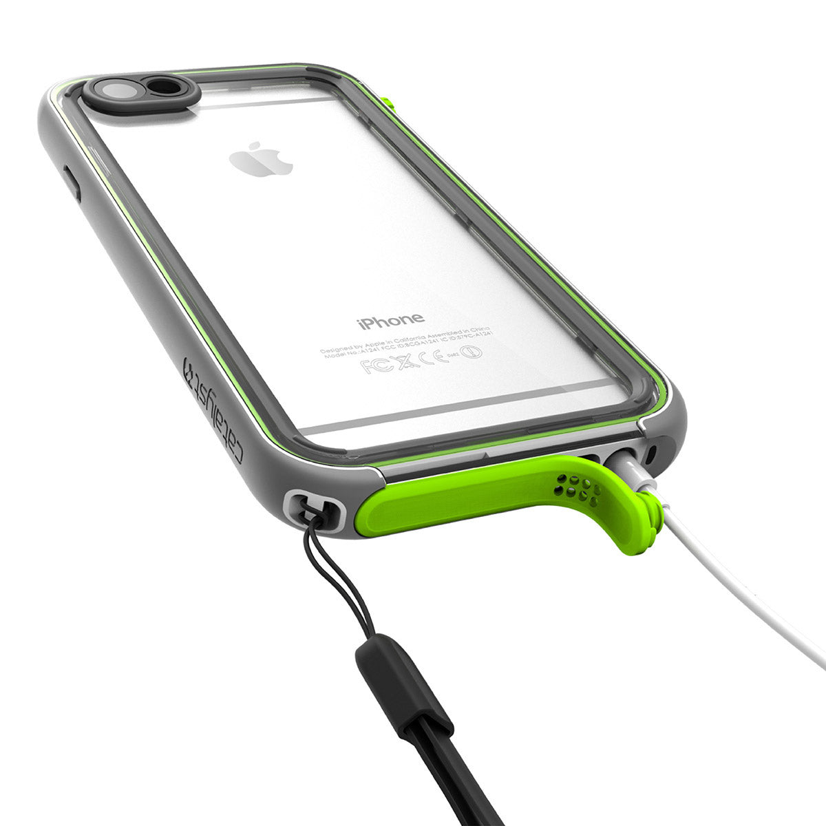 Catalyst iphone 6s waterproof case showing the case while charging with attached lanyard on the side corner in green pop colorway