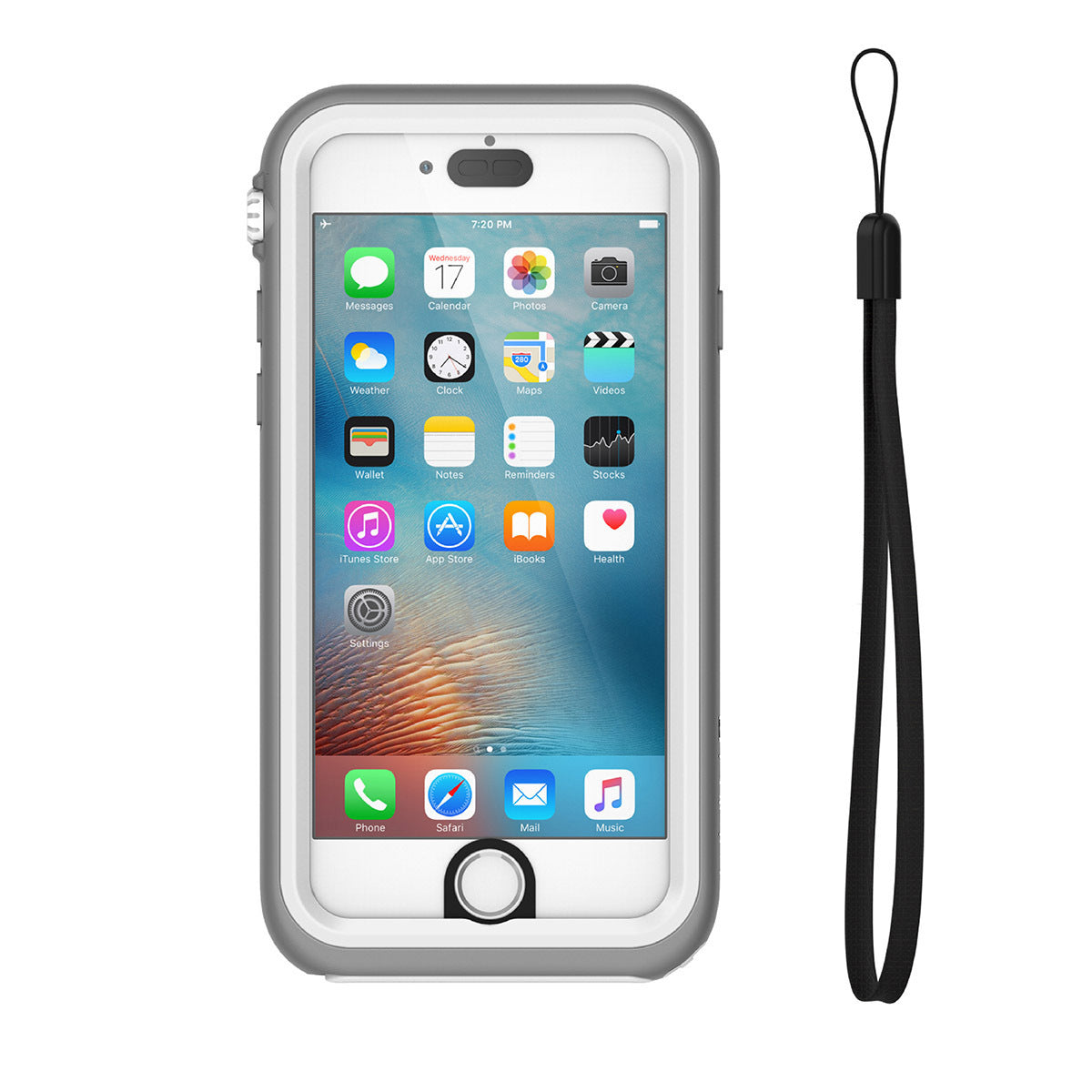Catalyst iphone 6s waterproof case showing the front view of the case with attached lanyard in white&mist gray colorway
