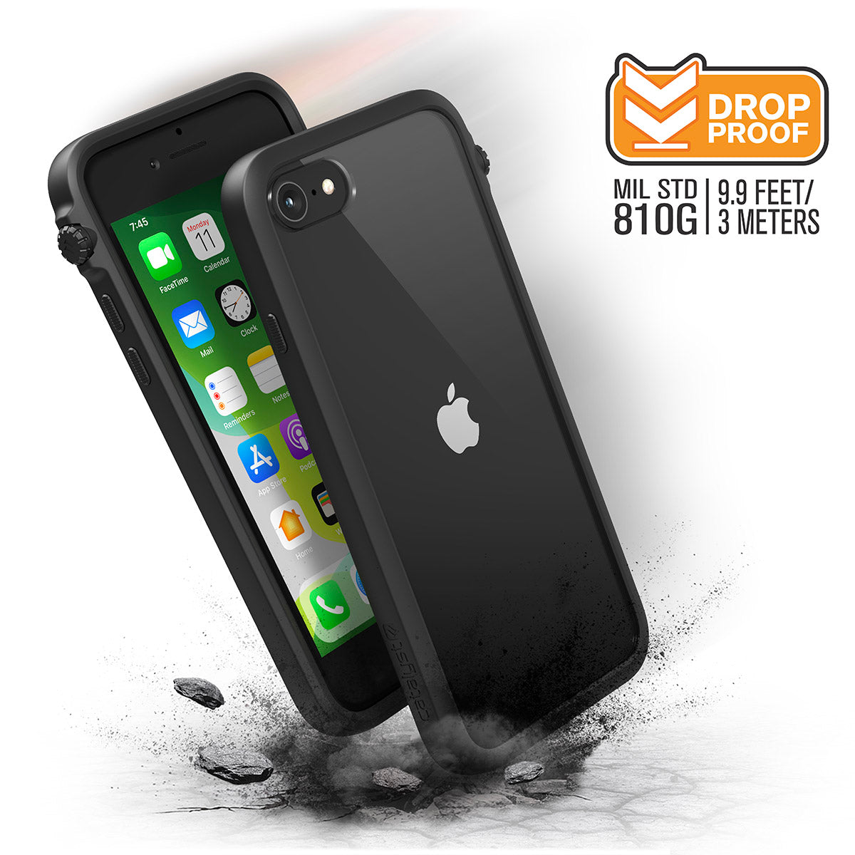 Catalyst iphone 8/7 impact protection case for iphone se  showing how impact proof the case is in a stealth black colorway 