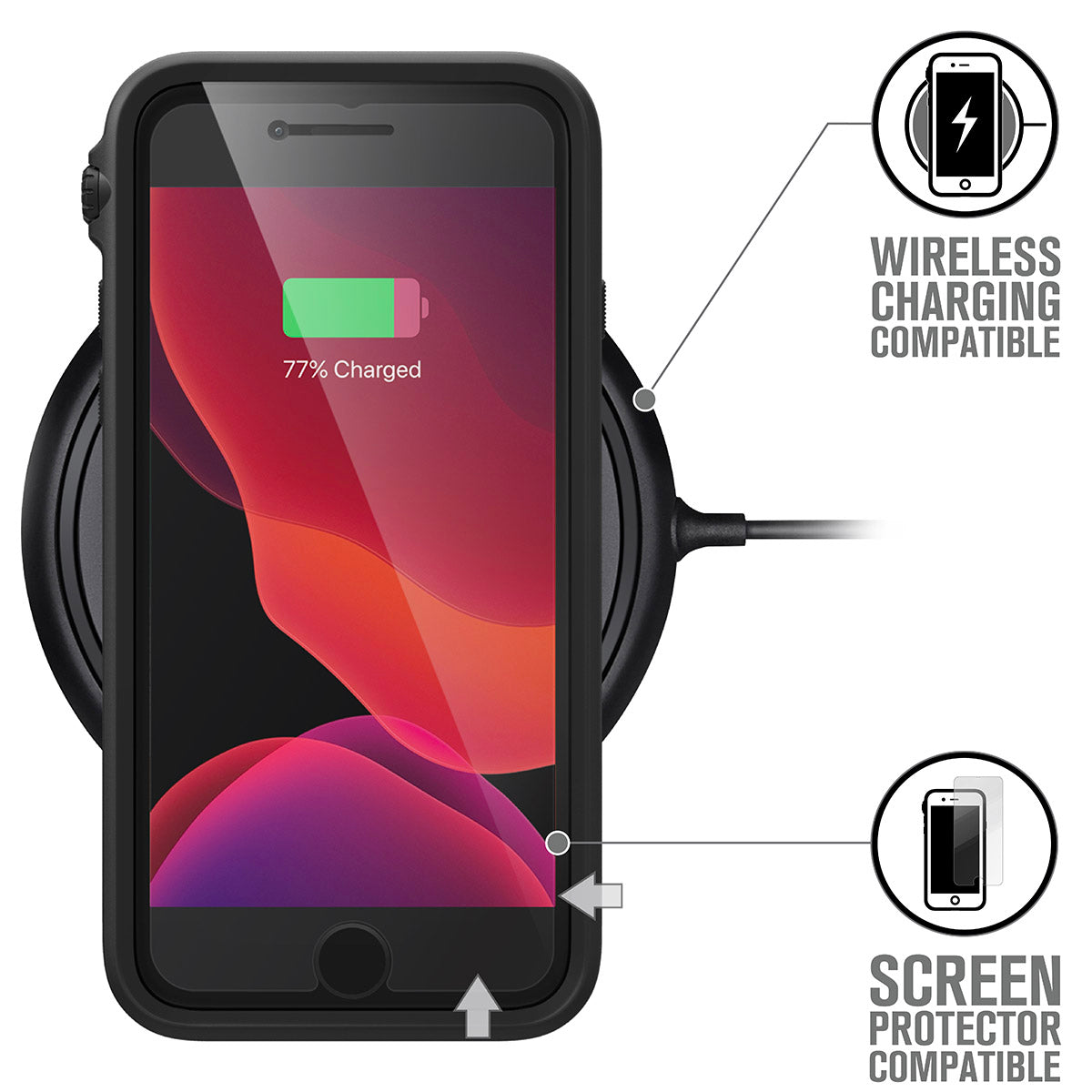 Catalyst iphone 8/7 impact protection case for iphone se showing wireless charging in a stealth black colorway text reads wireless charging compatible screen protector compatible  