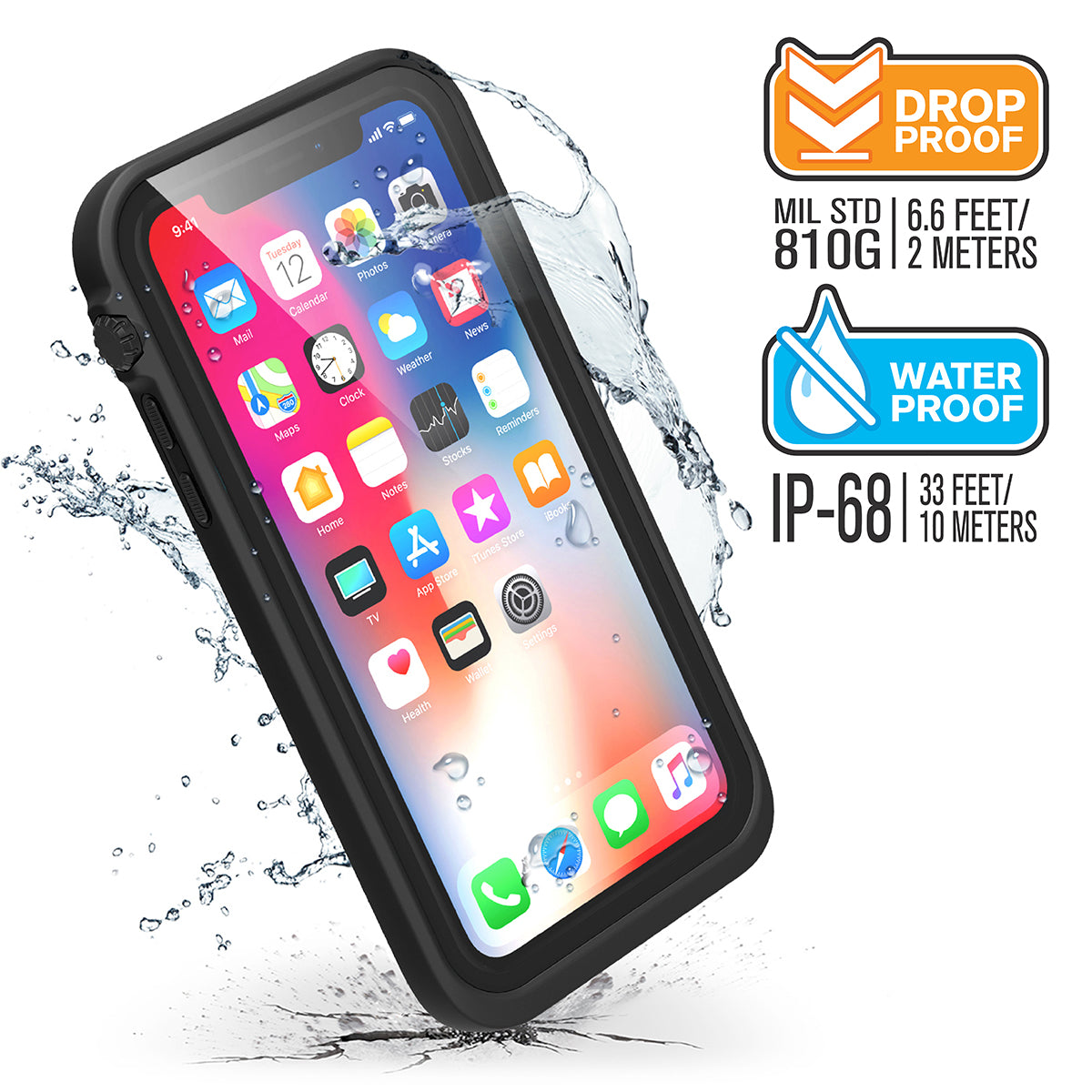 Catalyst iphone x/xr/xs/xs max waterproof case x showing-how-drop-proof-and-water-proof-the-case-is-in stealth-black black text reads drop proof MIL STD 810G 6.6 FEET 2 METERS WATER PROOF IP-68 33 FEET 10 METERS