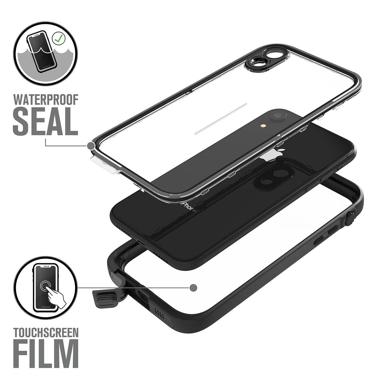 Catalyst iphone x/xr/xs/xs max waterproof case x showing how secure the case is in stealth black text reads waterproof seal touchscreen film