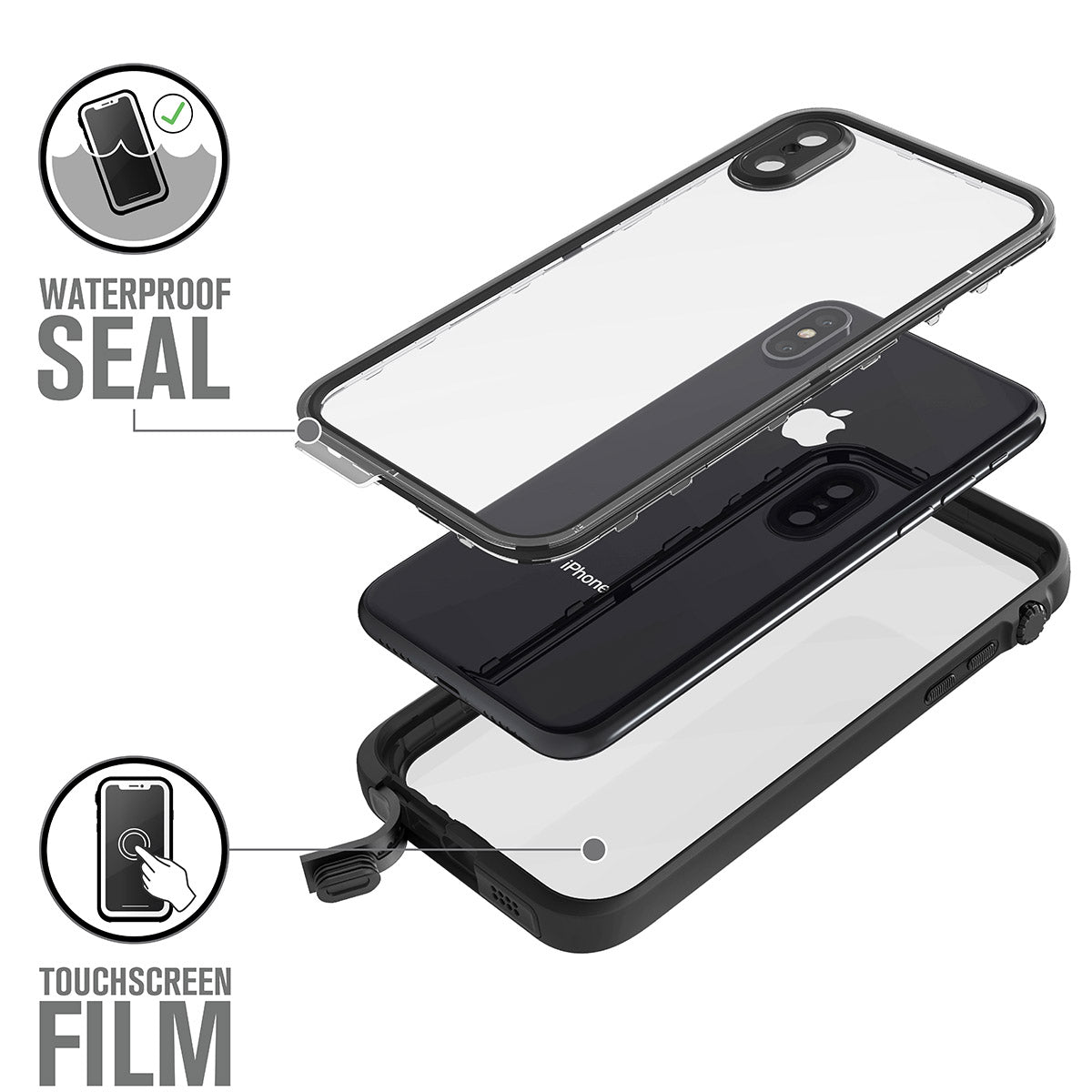 Catalyst iphone x/xr/xs/xs max waterproof case x showing how secure the case is in stealth black text reads waterproof seal touchscreen film