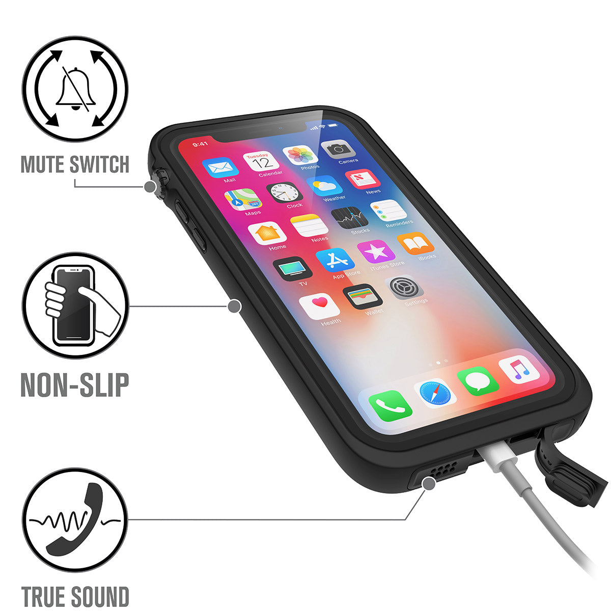 Catalyst iphone x/xr/xs/xs max waterproof case x showing the case features in stealth black text reads mute switch non slip true sound