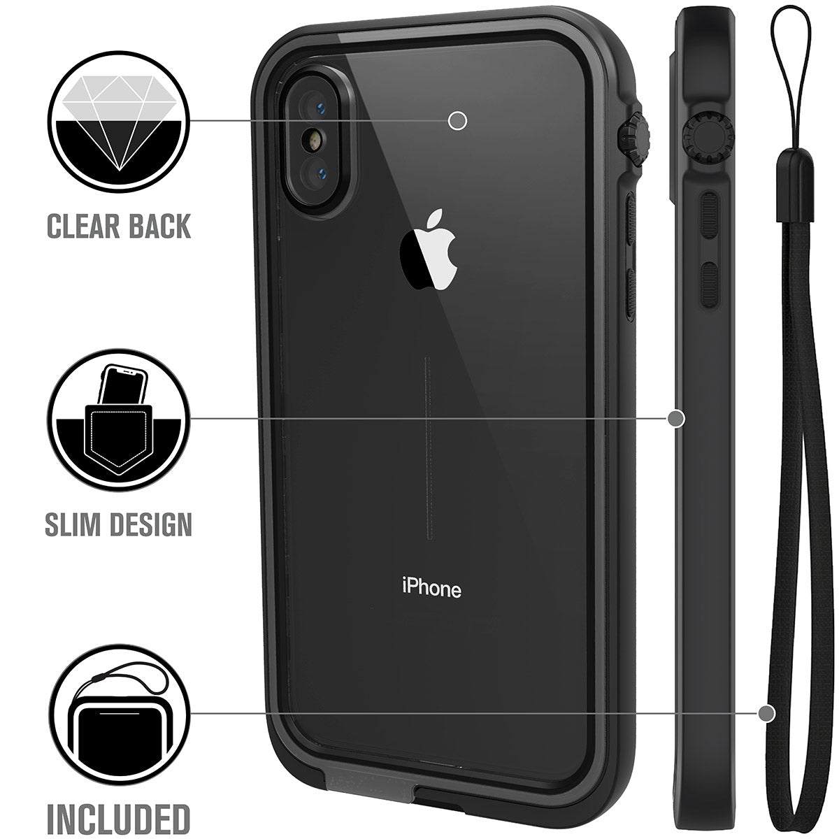 Catalyst iphone x/xr/xs/xs max waterproof case x showing the case features with lanyard in stealth black text reads clear back slim design included
