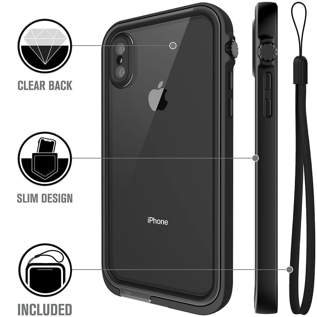 Catalyst iphone x/xr/xs/xs max waterproof case x showing the case features with lanyard in stealth black text reads clear back slim design included 