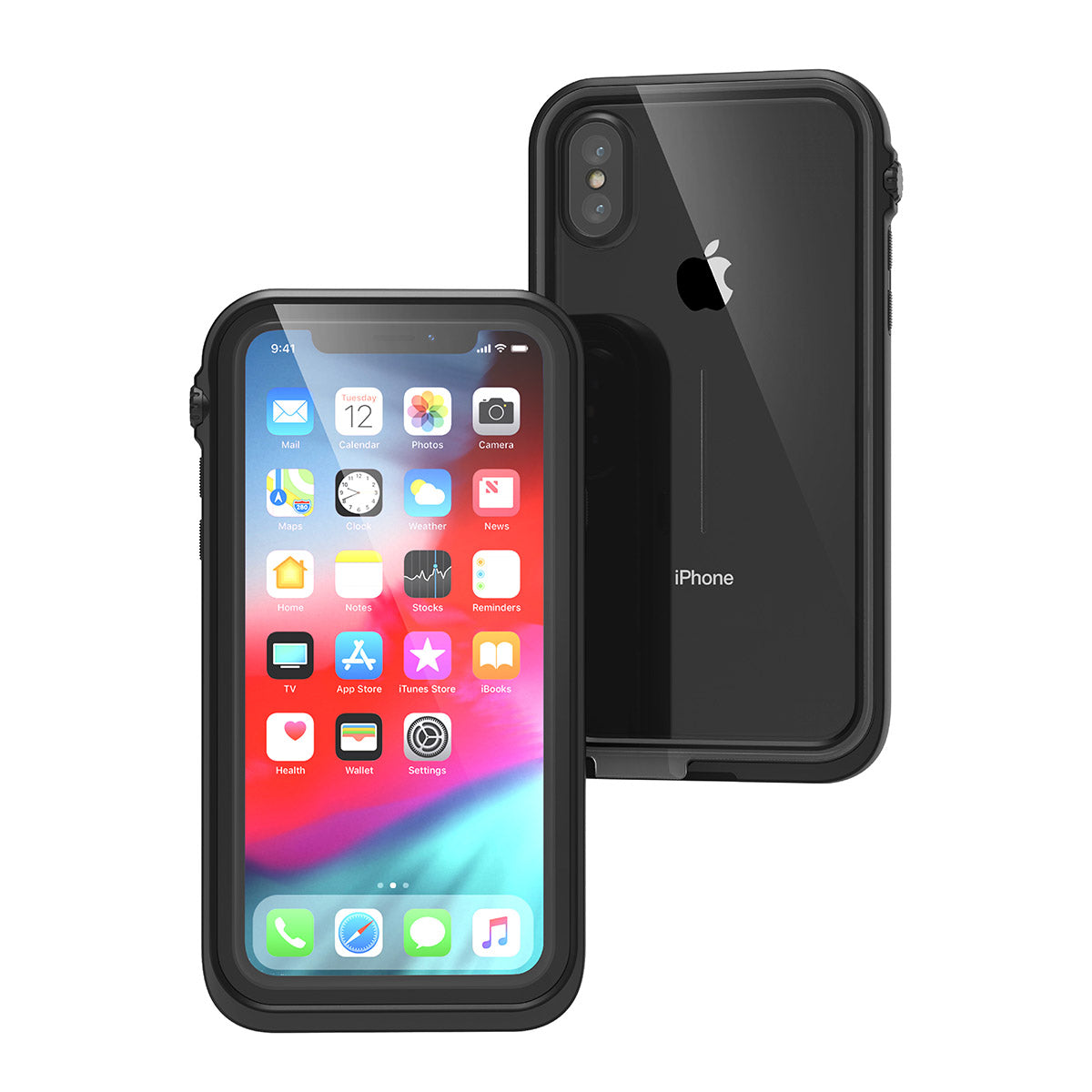 Catalyst iphone x/xr/xs/xs max waterproof case x showing the front and back in stealth black