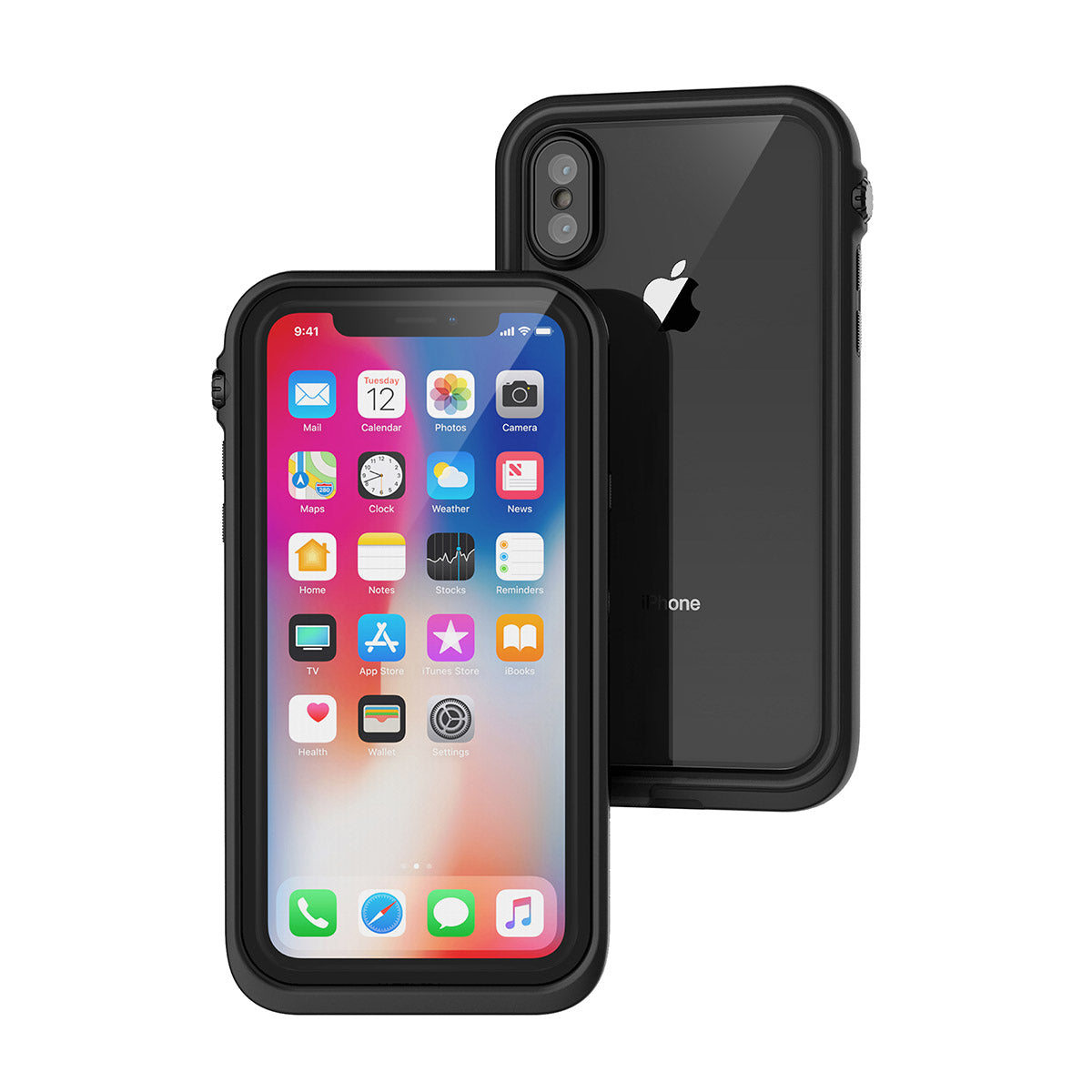 Catalyst iphone x/xr/xs/xs max waterproof case x showing the front and back view in stealth black