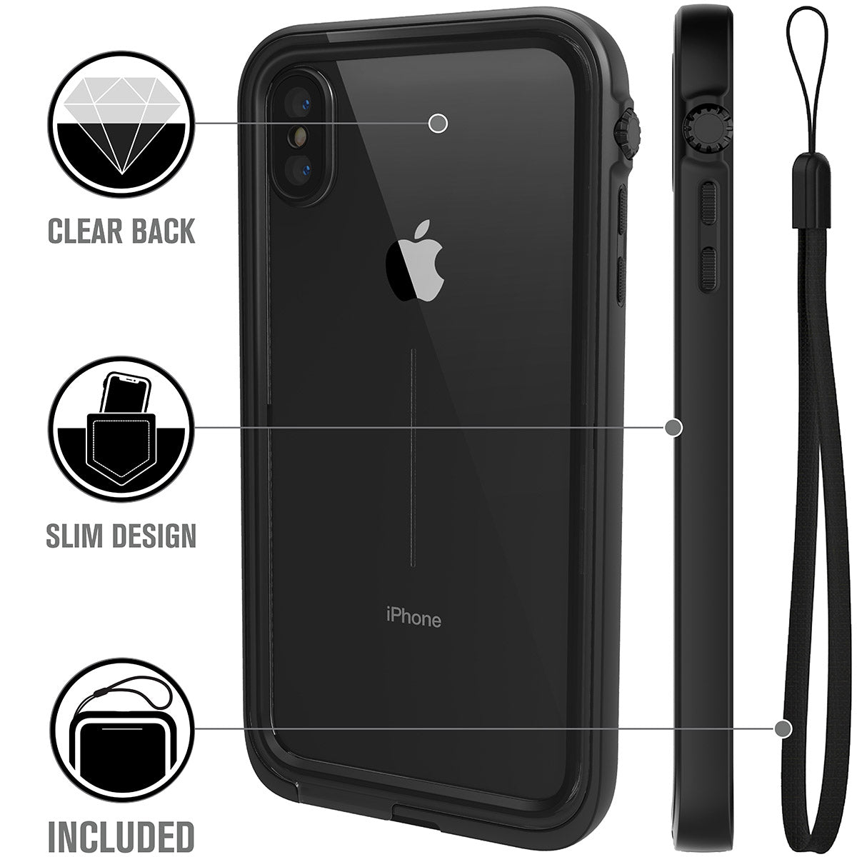 Catalyst iphone x/xr/xs/xs max waterproof case xs max showing the case features with lanyard in stealth black text reads clear back slim design included