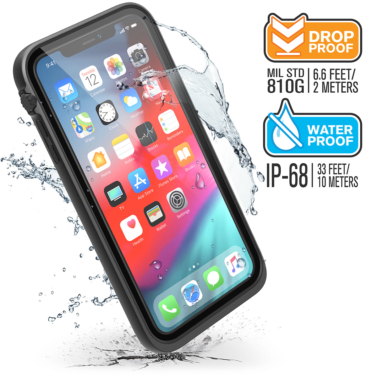 Catalyst iphone x/xr/xs/xs max  waterproof case xs showing-how-drop-proof-and-water-proof-the-case-is-in stealth-black black text reads drop proof MIL STD 810G 6.6 FEET 2 METERS WATER PROOF IP-68 33 FEET 10 METERS