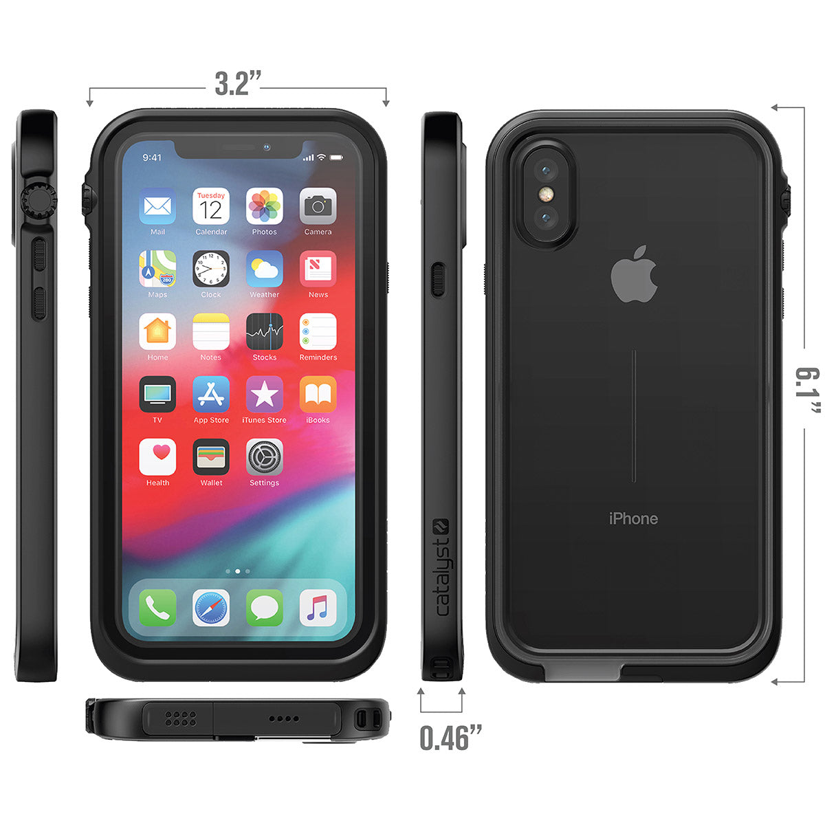 Catalyst iphone x/xr/xs/xs max  waterproof case xs showing the  case dimension in stealth black