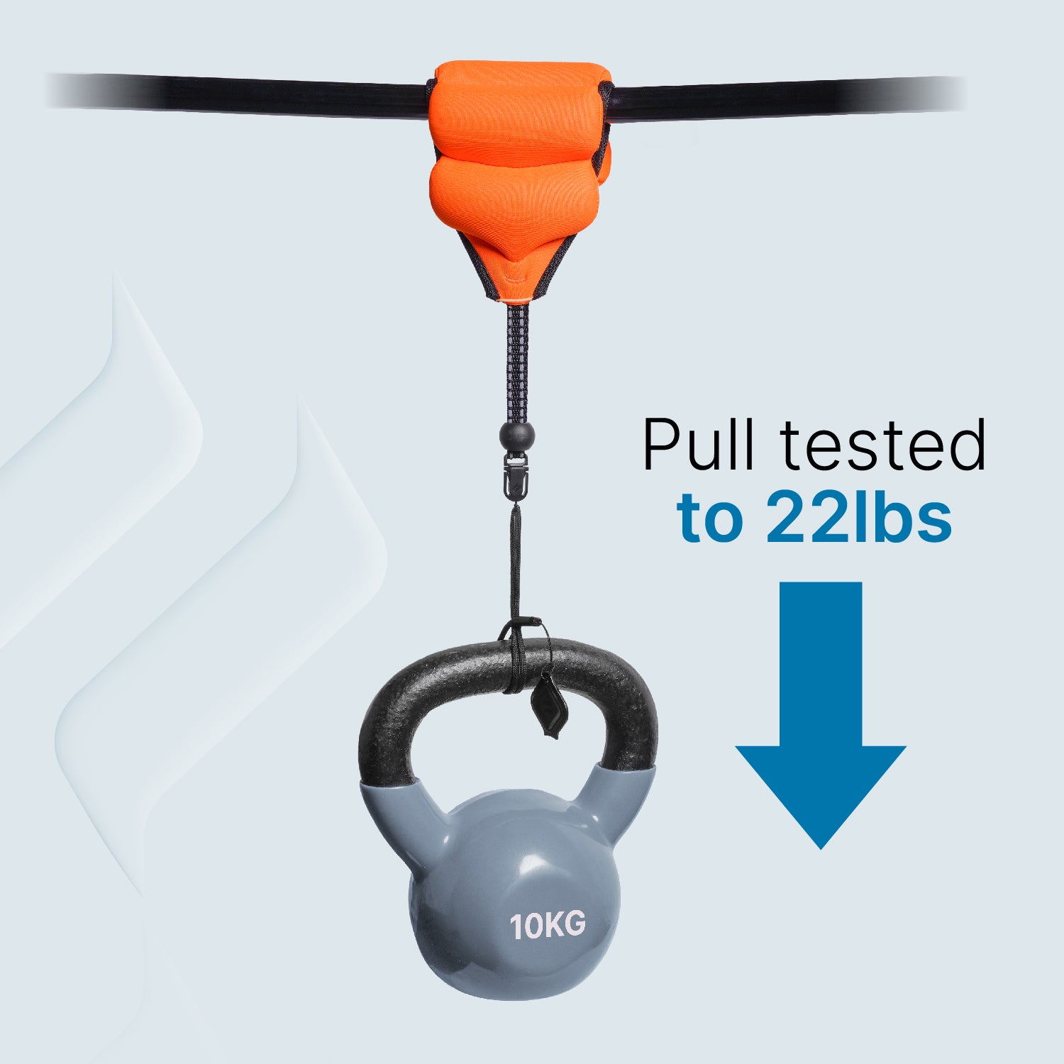 Catalyst orange floating wrist lanyard attached to 10kg dumbell Text reads pull tested to 22lbs