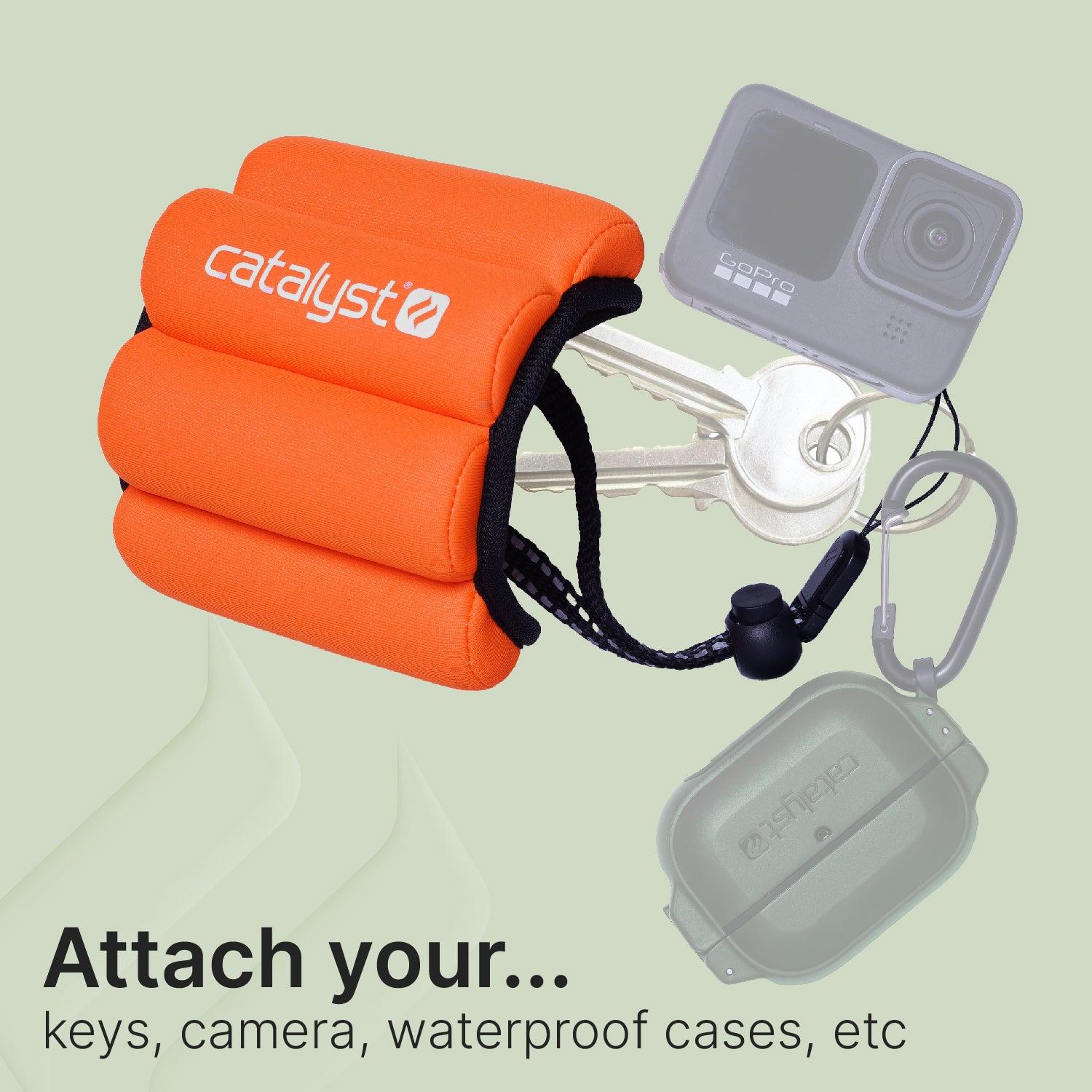 Catalyst orange floating wrist lanyard attached to keys airpods pro case Text reads attach your key, camera, waterproof cases, etc.