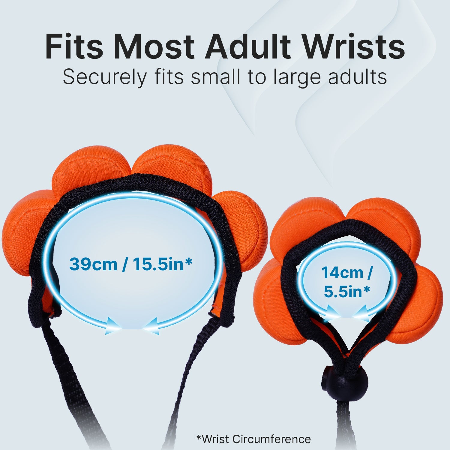 Catalyst orange floating wrist lanyard circumference 5.5in to 15.5in Text reads fits most adult wrists securely fits small to large adults