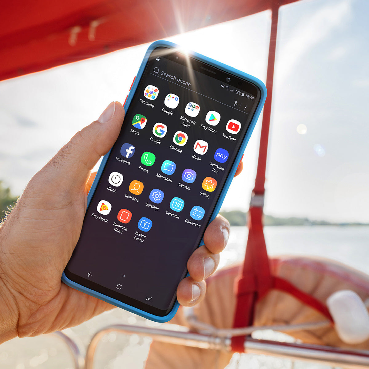 catalyst samsung galaxy s9 plus impact protection case blueridge sunset front view sunlight at the back