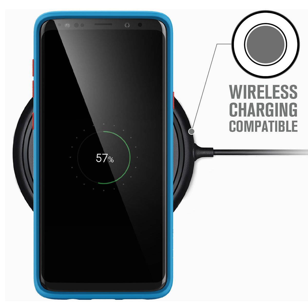 catalyst samsung galaxy s9 plus impact protection case blueridge sunset on top of a wireless charger 57% charged text reads wireless charging compatible