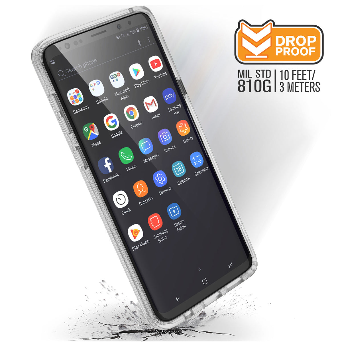 catalyst samsung galaxy s9 plus impact protection case clear front view with cracked floor text reads drop proof mil std 810g 10 feet 3 meters