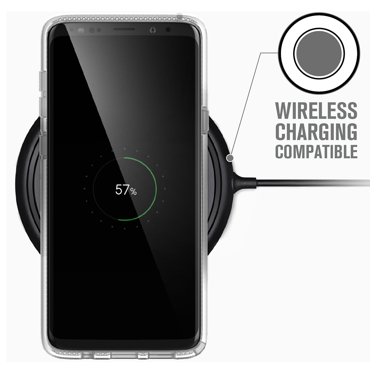 catalyst samsung galaxy s9 plus impact protection case clear on top of a wireless charger 57% charged text reads wireless charging compatible