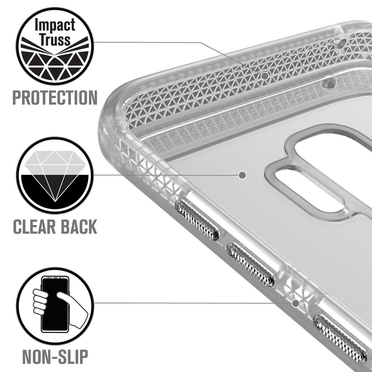 catalyst samsung galaxy s9 plus impact protection case clear showing the impact truss and clear back text reads impact truss protection clear back non slip
