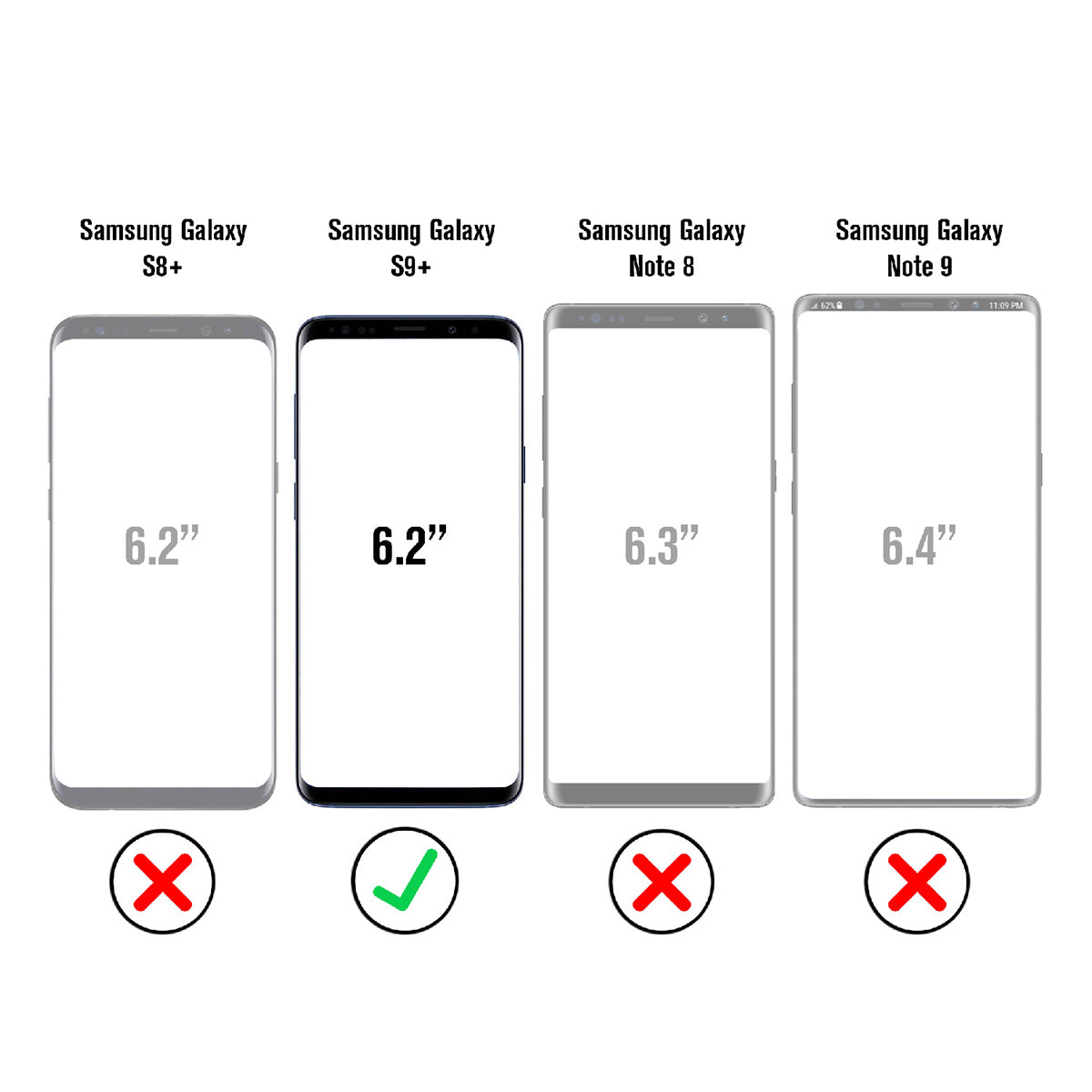 catalyst samsung galaxy s9 plus impact protection case showing different sizes of samsung galaxy green check on s9+ text reads samsung galaxy s8+ 6.2" samsung galaxy s9+ 6.2" samsung galaxy note 8 6.3" samsung galaxy note 9 6.4"