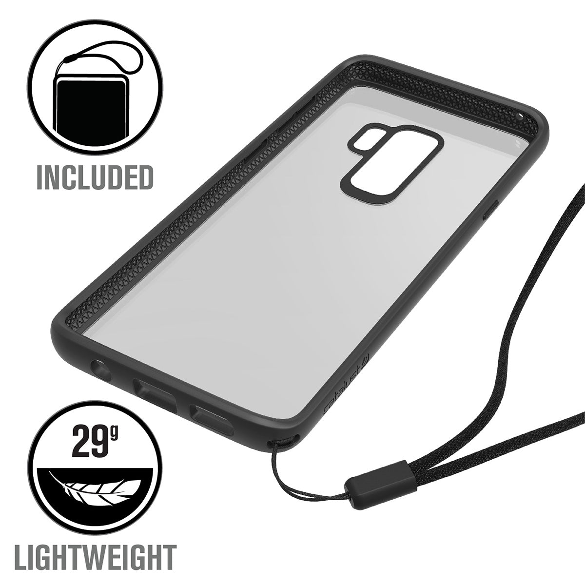 catalyst samsung galaxy s9 plus impact protection case stealth black empty case with a lanyard text reads included 29g lightweight