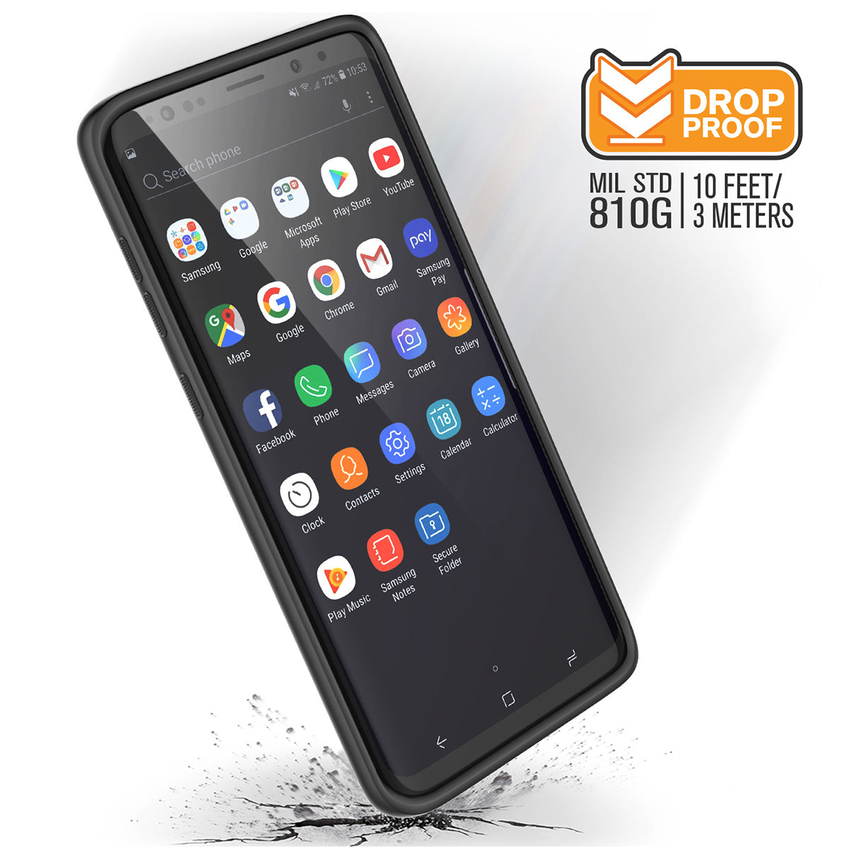 catalyst-samsung-galaxy-s9-plus-impact-protection-case-stealth-black-front-view-with-cracked-floor