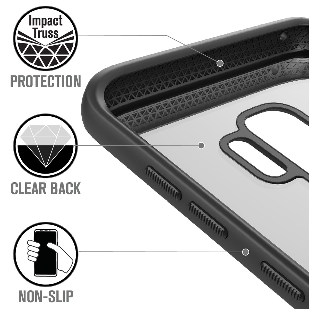 catalyst samsung galaxy s9 plus impact protection case stealth black showing the impact truss and clear back text reads impact truss protection clear back non slip