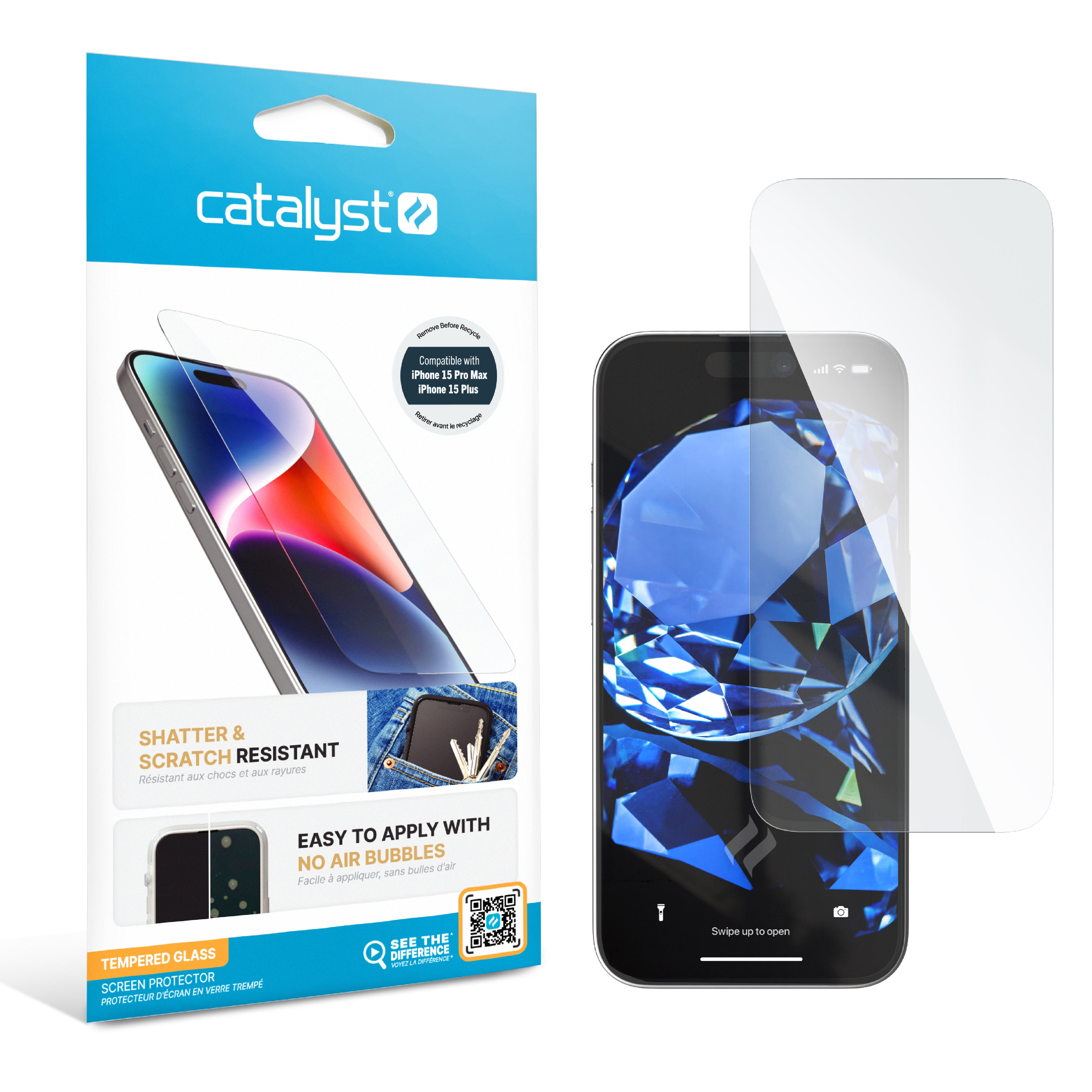 Catalyst screen protector for iphone 15 series showing packaging and iphone
