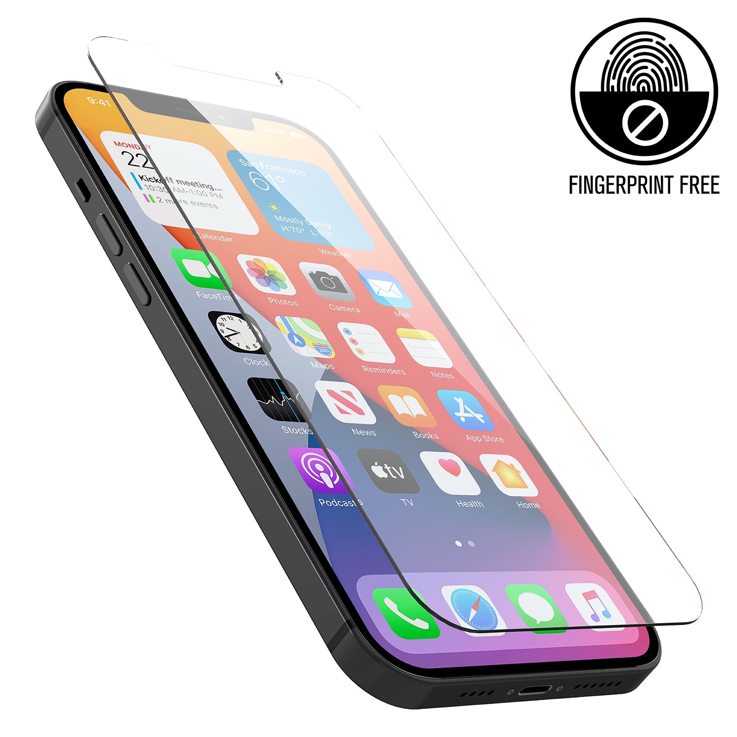 Catalyst Tempered Glass Screen Protector and iphone 12 Pro max text reads fingerprint free