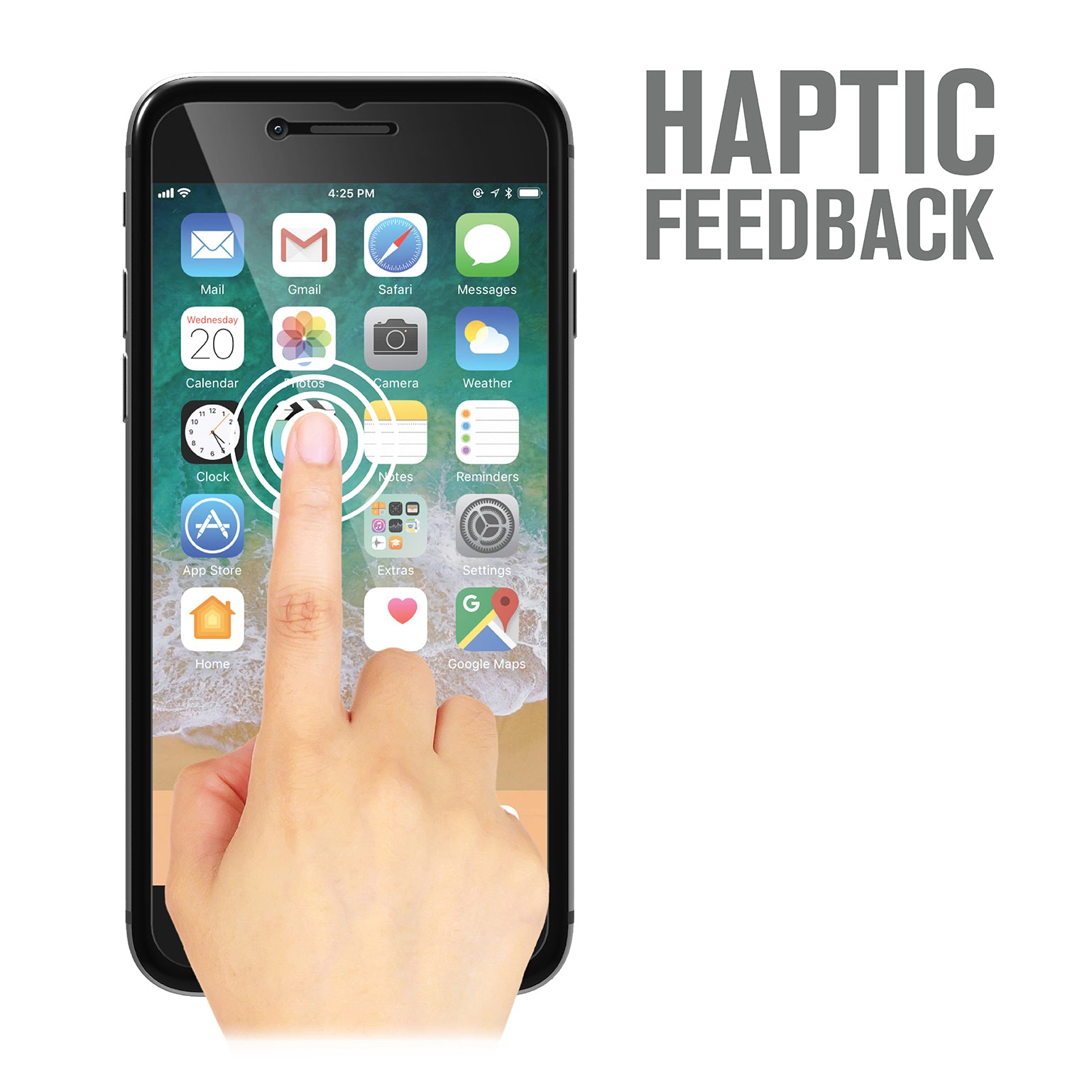 Catalyst Tempered Glass Screen Protector for iphone se gen 2 with hand touching the screen text reads haptic feedback