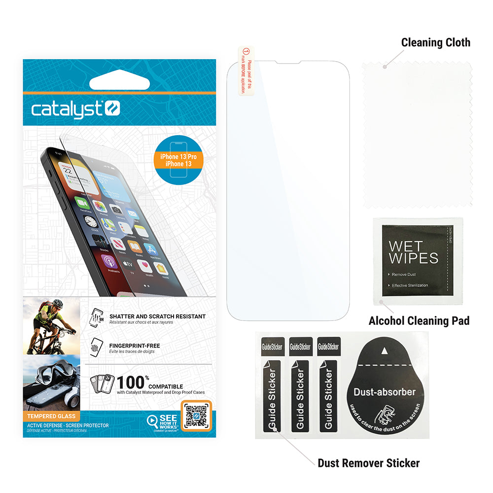Catalyst tempered glass screen protector iPhone 13 Series package inclusions Text reads cleaning cloth alcohol cleaning pad dust remover sticker 