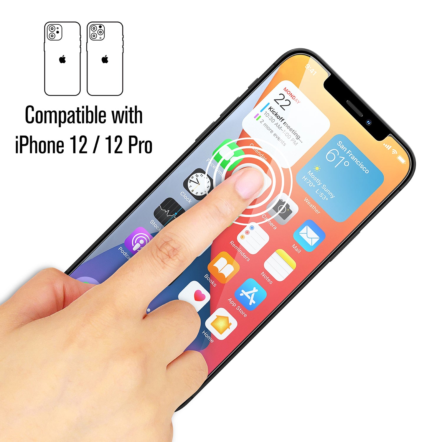 Catalyst Tempered Glass Screen Protector on iphone showing finger touch text reads compatible with iPhone 12 / 12 Pro