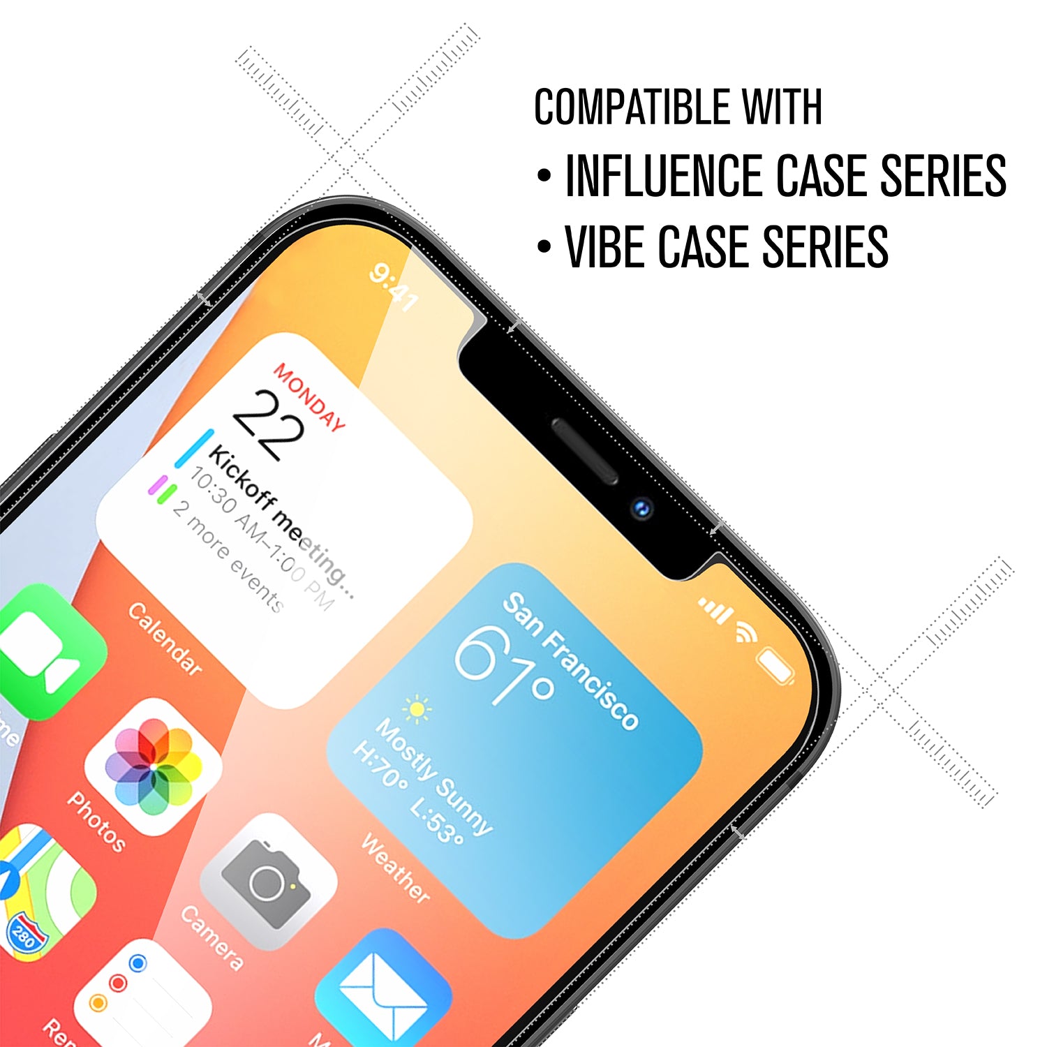 Catalyst Tempered Glass Screen Protector on iphone 12 pro max text reads compatible with influence case series and vibe case series