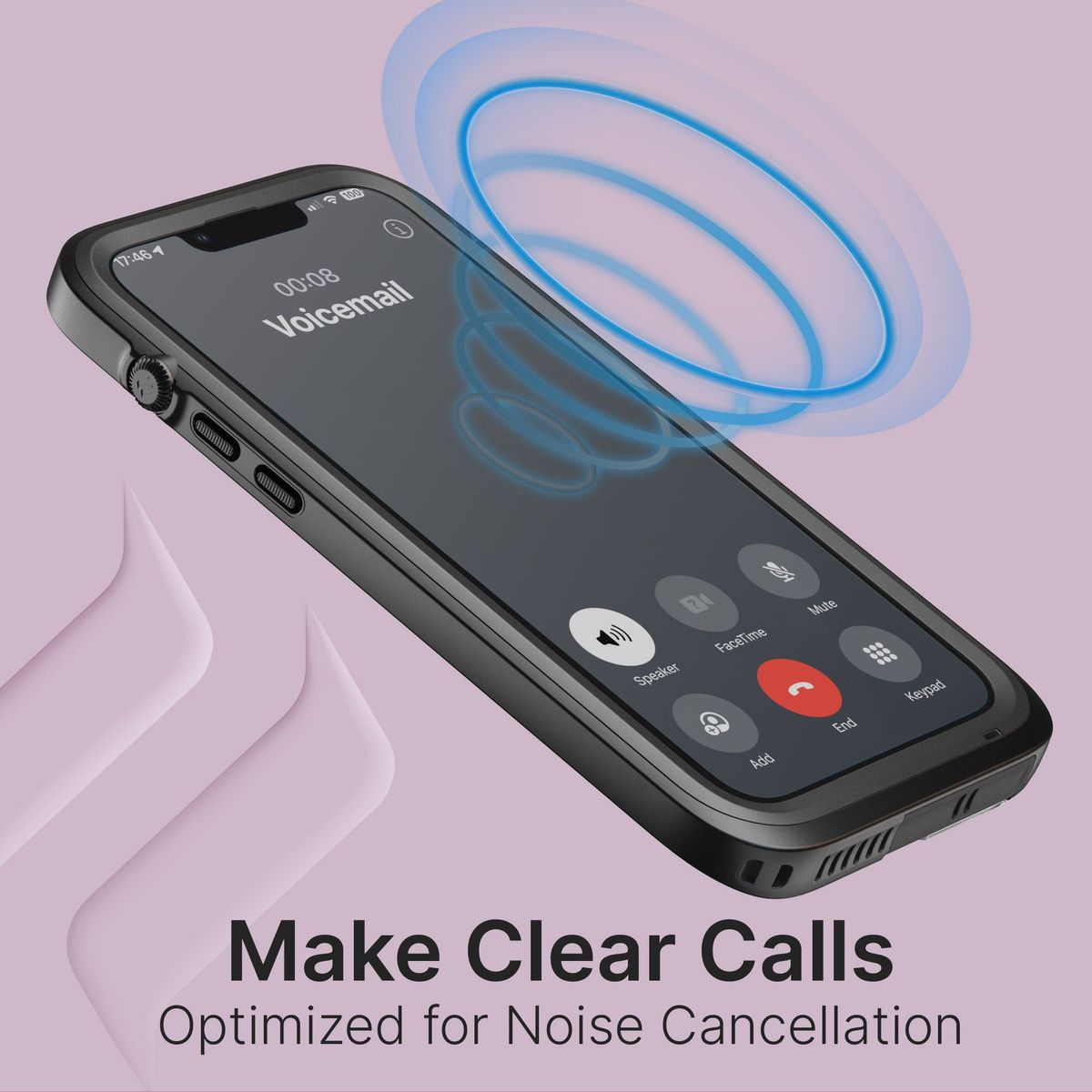 Catalyst Total Protection Case for iPhone 14 series text reads make clear calls optimized for noise cancellation