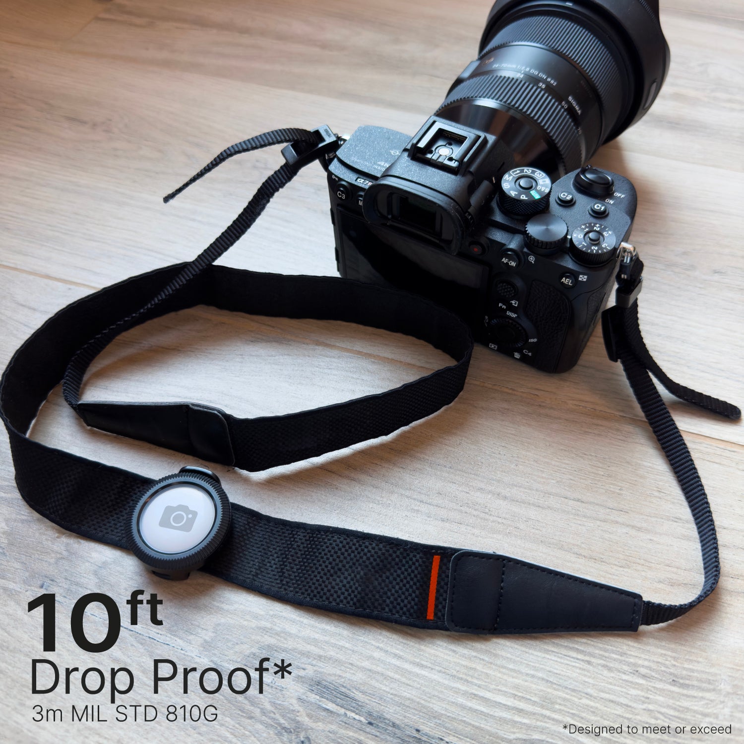 Catalyst total protection clip it Airtag clipped to camera Text reads 10ft drop proof 3m MIL STD 810g