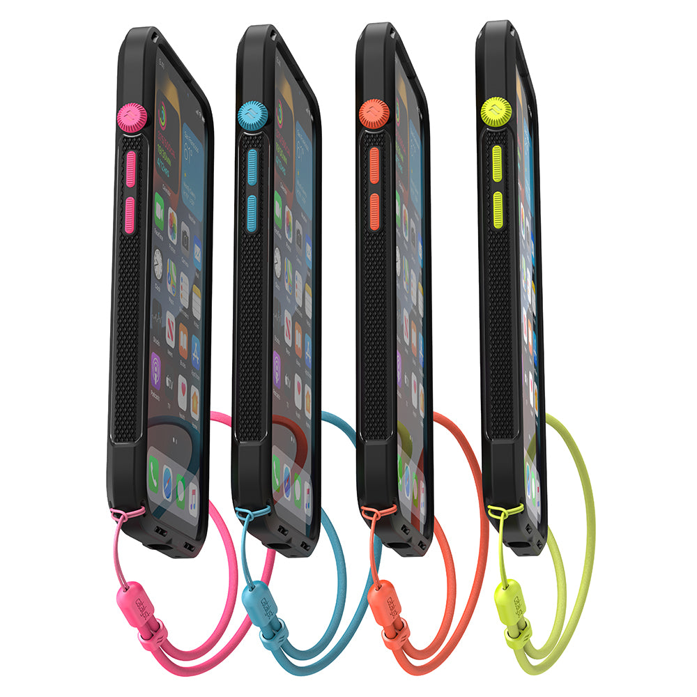 Catalyst vibe Case for iPhone 13 series battleship gray magsafe compatible showing 4 vibe cases with colored lanyard and buttons installed bondi blue neon yellow neon pink sunset orange