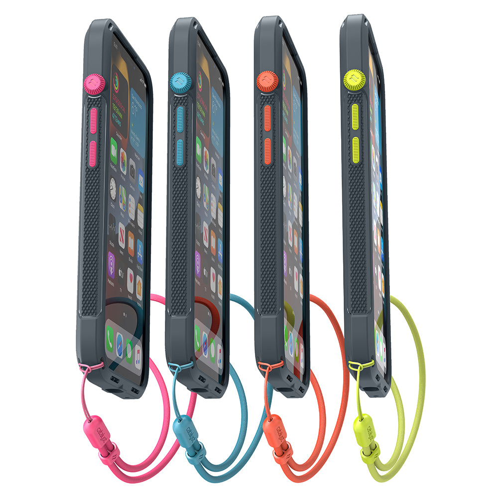 Catalyst vibe Case for iPhone 13 series battleship gray magsafe compatible showing 4 vibe cases with colored lanyard and buttons installed bondi blue neon yellow neon pink sunset orange