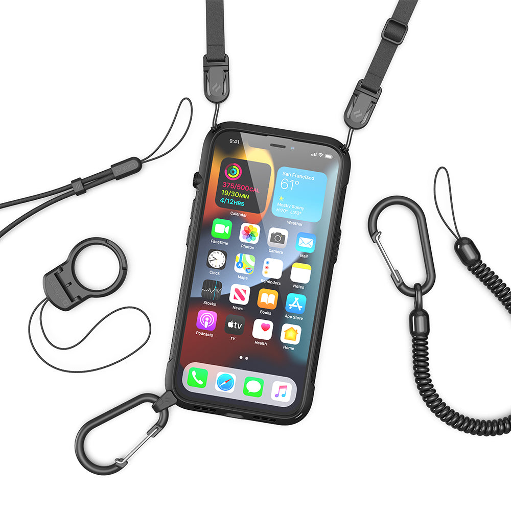 Catalyst vibe Case for iPhone 13 series battleship gray magsafe compatible showing the vibe case with shoulder strap installed lanyard carabiner carabiner attachment and ring stand