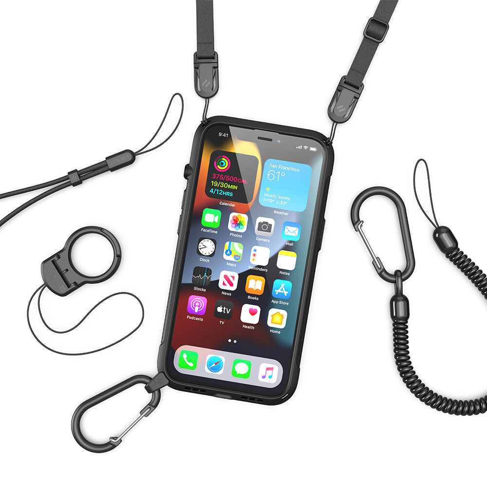 Catalyst vibe Case for iPhone 13 series battleship gray magsafe compatible showing the vibe case with shoulder strap installed lanyard carabiner carabiner attachment and ring stand