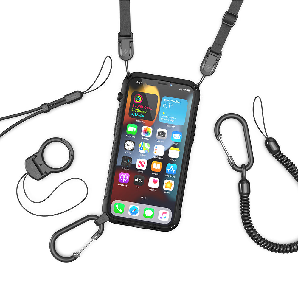 Catalyst vibe Case for iPhone 13 series battleship gray magsafe compatible showing the vibe case with shoulder strap installed lanyard carabiner carabiner attachment and ring stand